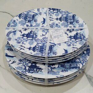 Set of 8 SHABBY CHIC Chinoiserie Pagoda Landscape Melamine Dinner Plates NEW